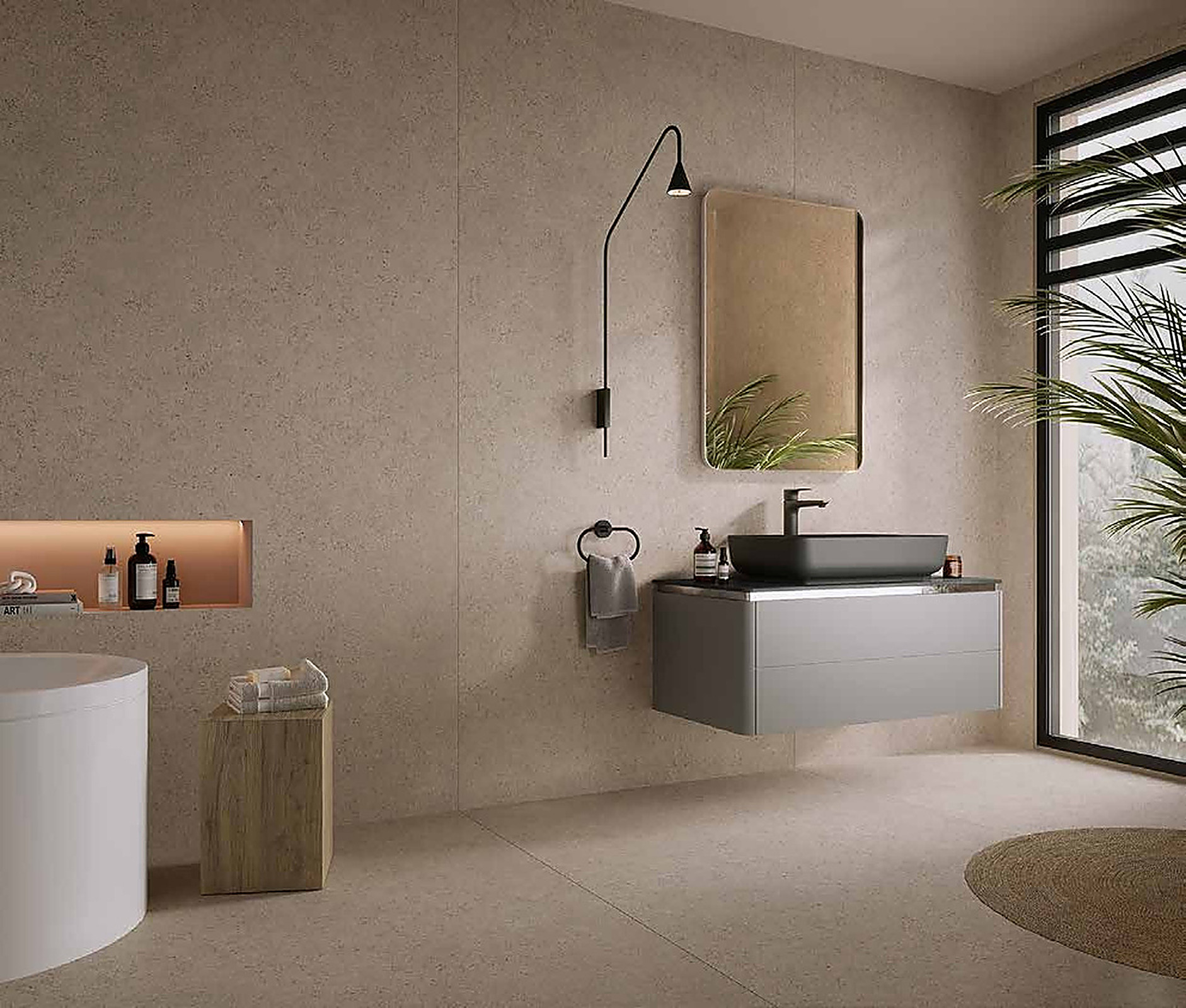 Calcario Greige XXL slab toegepast in een interieur