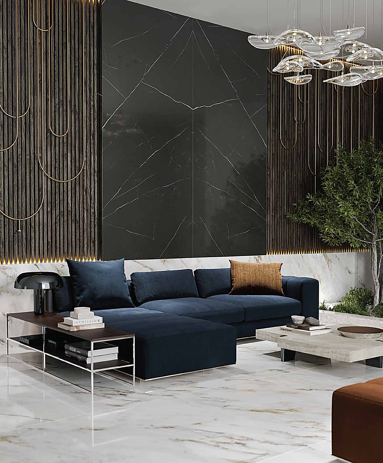 Pietra Nero XXL slab toegepast in een interieur