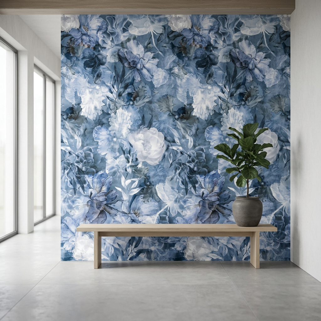 Blue Blossoms XXL slab toegepast als wandafwerking in een interieur