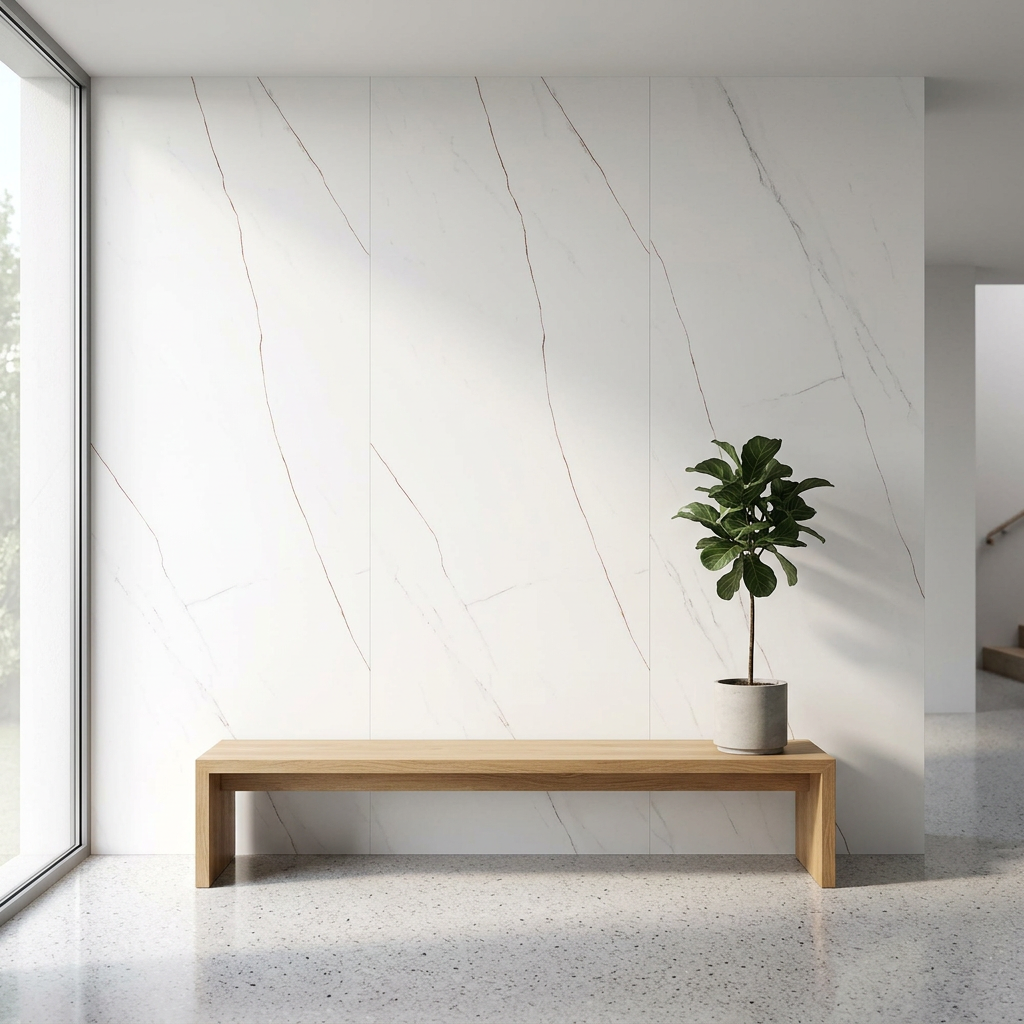 Calacatta Caldia XXL slab toegepast als wandafwerking in een interieur