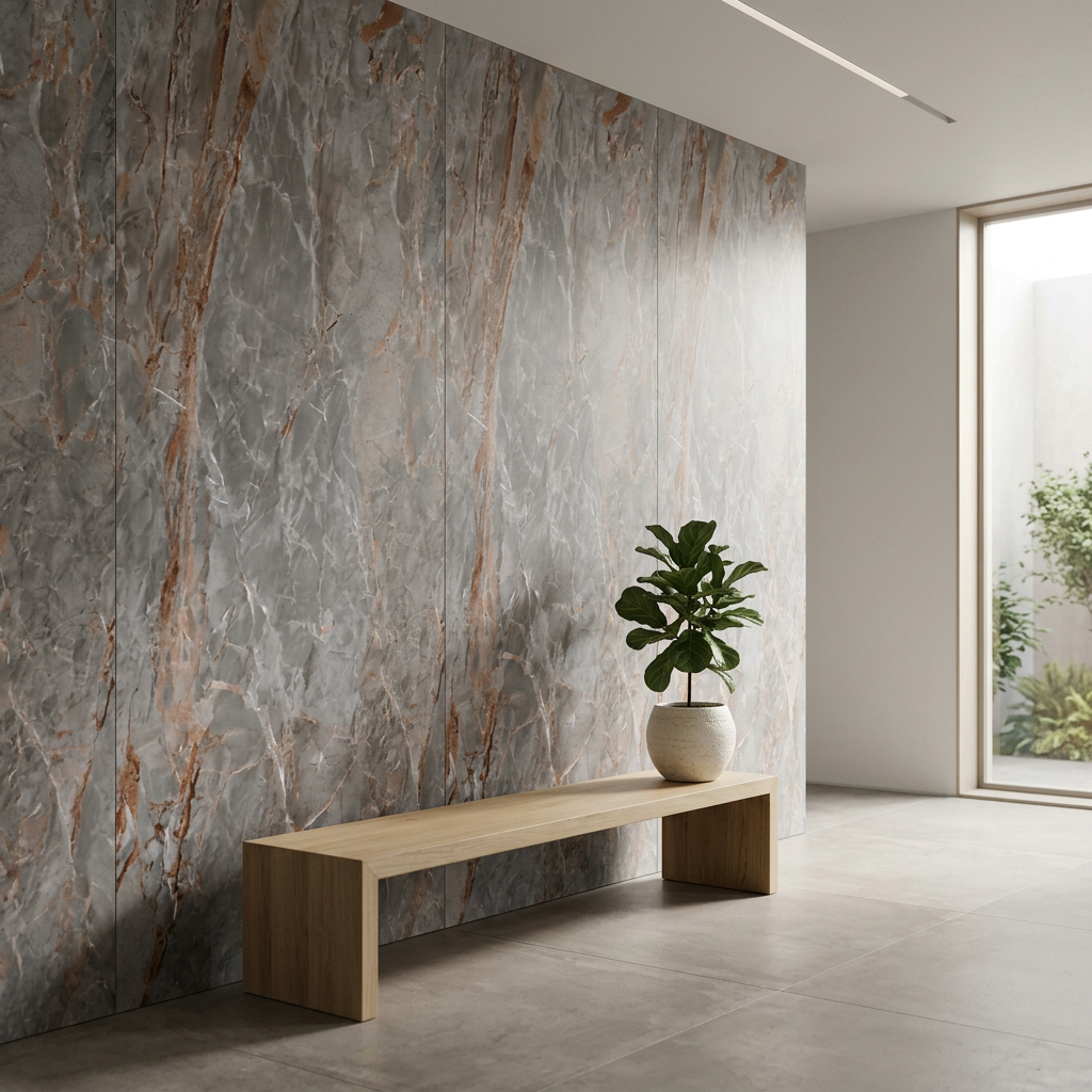 Fiori Di Bosco XXL slab toegepast als wandafwerking in een interieur