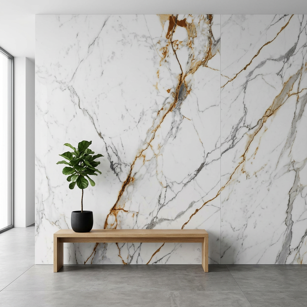 Golden Hour XXL slab toegepast als wandafwerking in een interieur